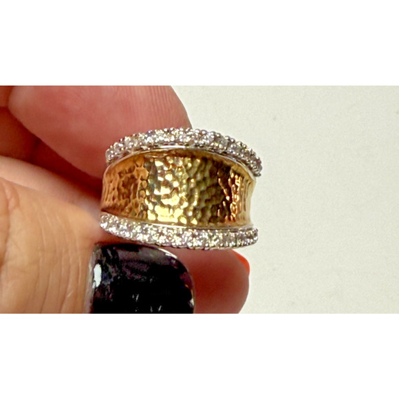 Joseph Esposito ESPO Sterling 925 Silver Gold Two Tone Hammered CZ Ring Size 6 - Picture 1 of 6